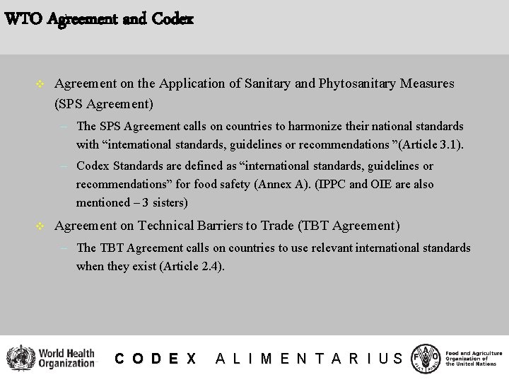WTO Agreement and Codex v Agreement on the Application of Sanitary and Phytosanitary Measures