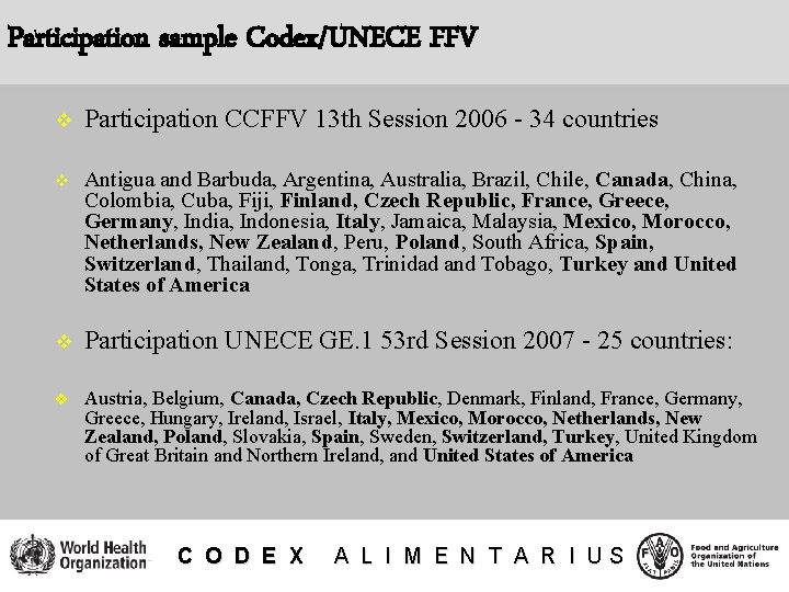 Participation sample Codex/UNECE FFV v Participation CCFFV 13 th Session 2006 - 34 countries