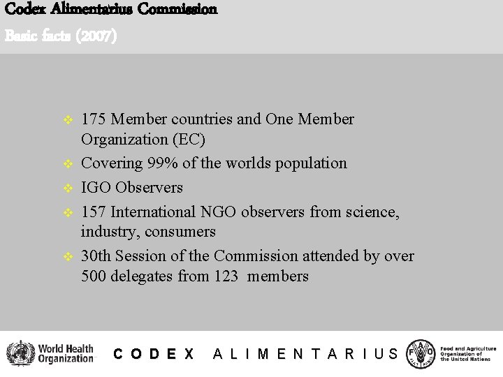 Codex Alimentarius Commission Basic facts (2007) v v v 175 Member countries and One