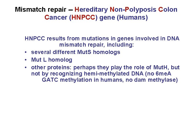 Mismatch repair -- Hereditary Non-Polyposis Colon Cancer (HNPCC) gene (Humans) HNPCC results from mutations