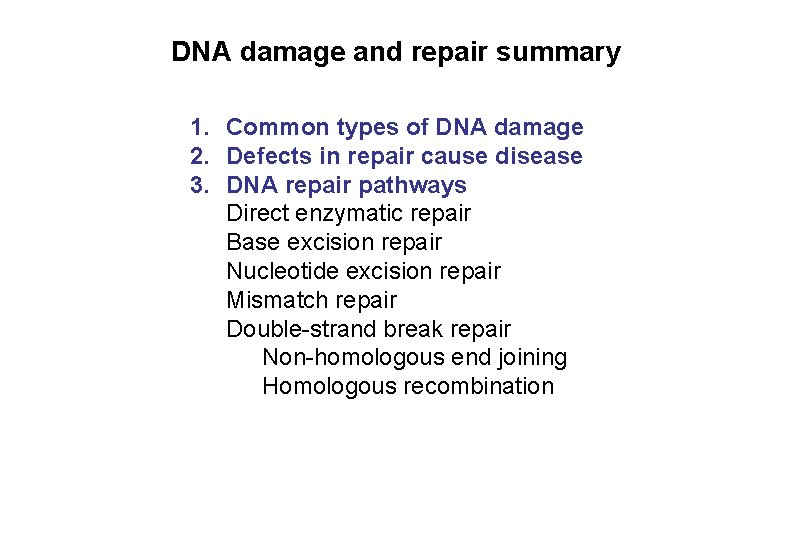 DNA damage and repair summary 1. Common types of DNA damage 2. Defects in
