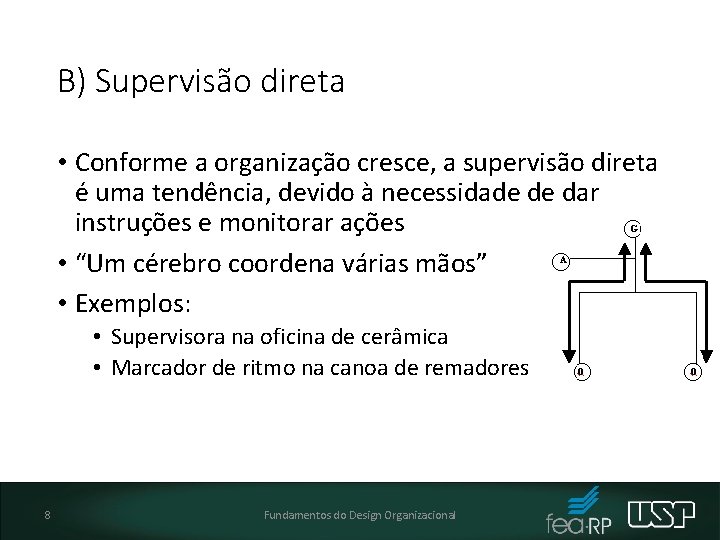 B) Supervisão direta • Conforme a organização cresce, a supervisão direta é uma tendência,