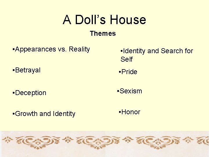 A Doll’s House Themes • Appearances vs. Reality • Identity and Search for Self A Doll’s House Themes • Appearances vs. Reality • Identity and Search for Self