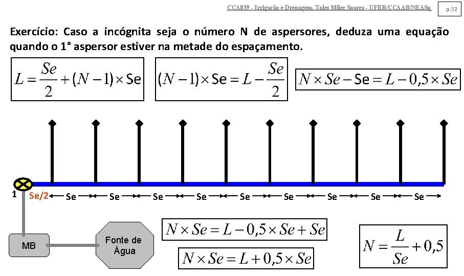 CCA 039 - Irrigação e Drenagem. Tales Miler Soares - UFRB/CCAAB/NEASq p. 52 Exercício: