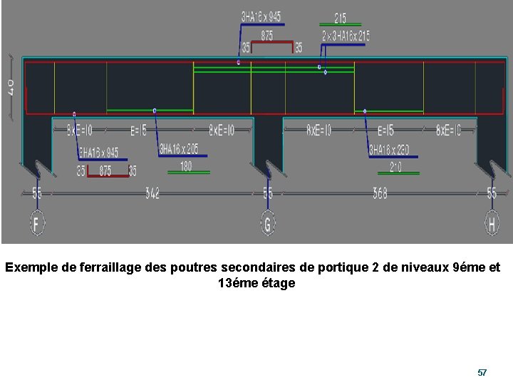 Exemple de ferraillage des poutres secondaires de portique 2 de niveaux 9éme et 13éme