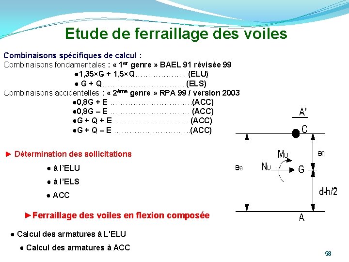 Etude de ferraillage des voiles Combinaisons spécifiques de calcul : Combinaisons fondamentales : «