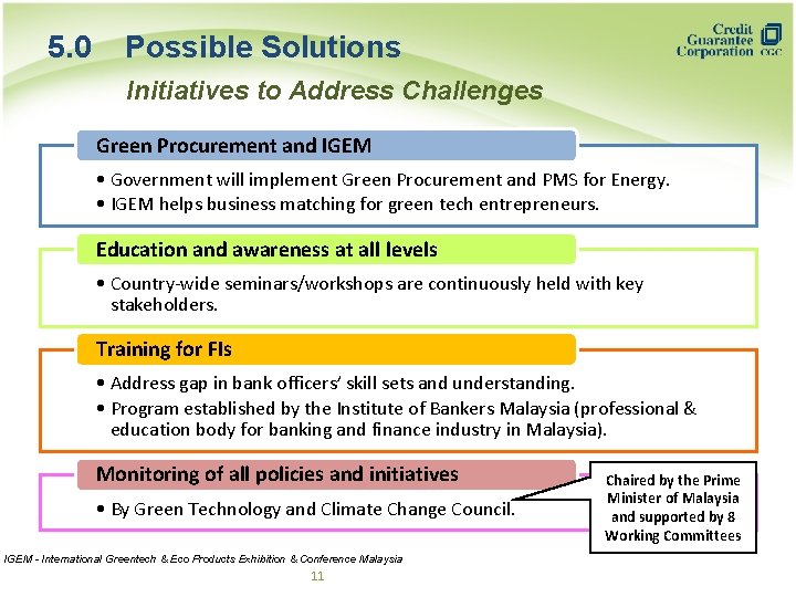 5. 0 Possible Solutions Initiatives to Address Challenges Green Procurement and IGEM • Government