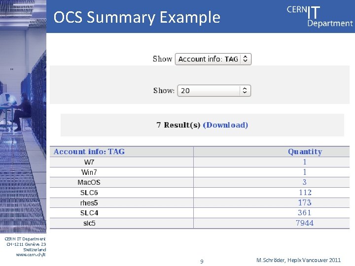 OCS Summary Example CERN IT Department CH-1211 Genève 23 Switzerland www. cern. ch/it 9