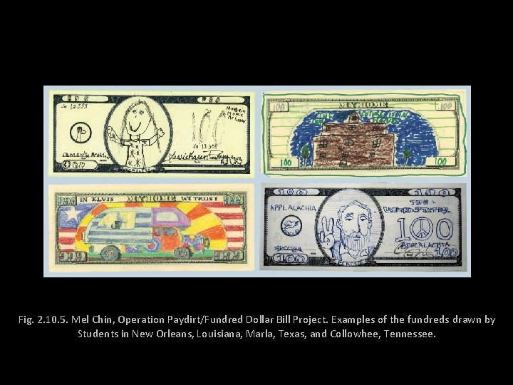 Fig. 2. 10. 5. Mel Chin, Operation Paydirt/Fundred Dollar Bill Project. Examples of the