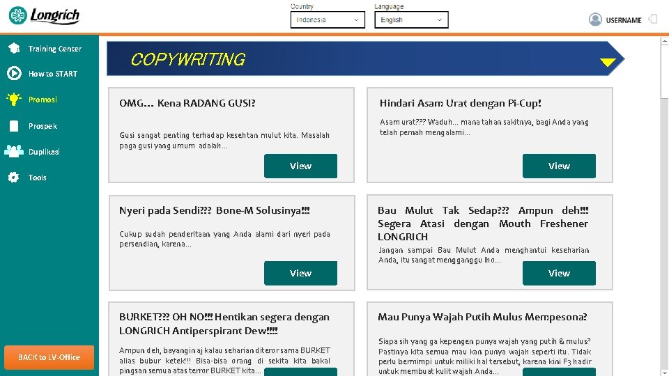 Training Center COPYWRITING How to START Promosi Prospek Duplikasi Tools Hindari Asam Urat dengan