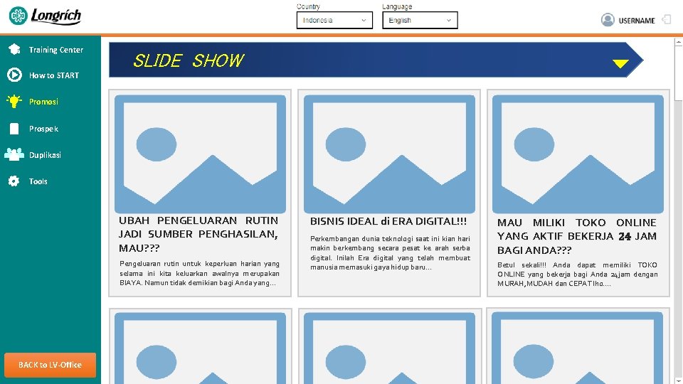 Training Center SLIDE SHOW How to START Promosi Prospek Duplikasi Tools UBAH PENGELUARAN RUTIN