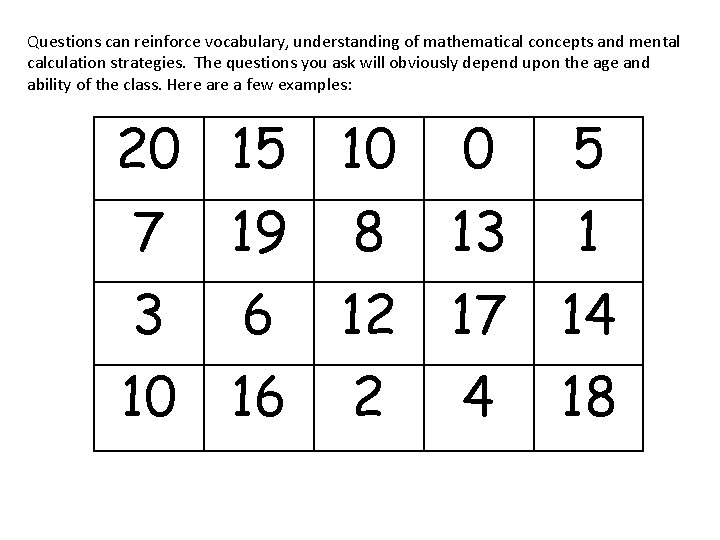 Questions can reinforce vocabulary, understanding of mathematical concepts and mental calculation strategies. The questions