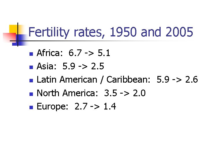 Fertility rates, 1950 and 2005 n n n Africa: 6. 7 -> 5. 1