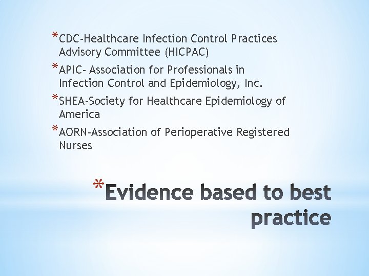 *CDC-Healthcare Infection Control Practices Advisory Committee (HICPAC) *APIC- Association for Professionals in Infection Control