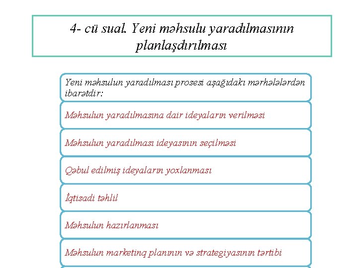 4 - cü sual. Yeni məhsulu yaradılmasının planlaşdırılması Yeni məhsulun yaradılması prosesi aşağıdakı mərhələlərdən