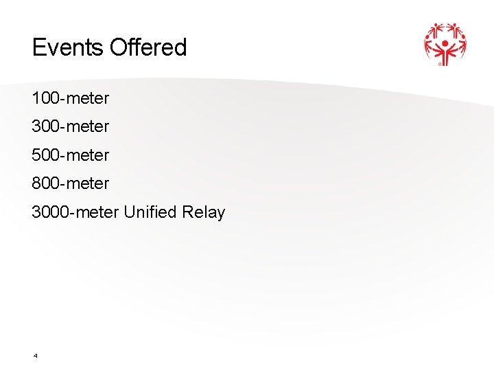Events Offered 100 -meter 300 -meter 500 -meter 800 -meter 3000 -meter Unified Relay