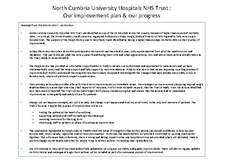 North Cumbria University Hospitals NHS Trust : Our improvement plan & our progress Message