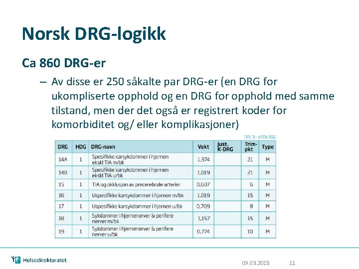 Norsk DRG-logikk Ca 860 DRG-er – Av disse er 250 såkalte par DRG-er (en Norsk DRG-logikk Ca 860 DRG-er – Av disse er 250 såkalte par DRG-er (en