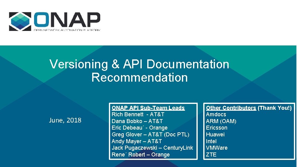 Versioning & API Documentation Recommendation June, 2018 ONAP API Sub-Team Leads Rich Bennett -