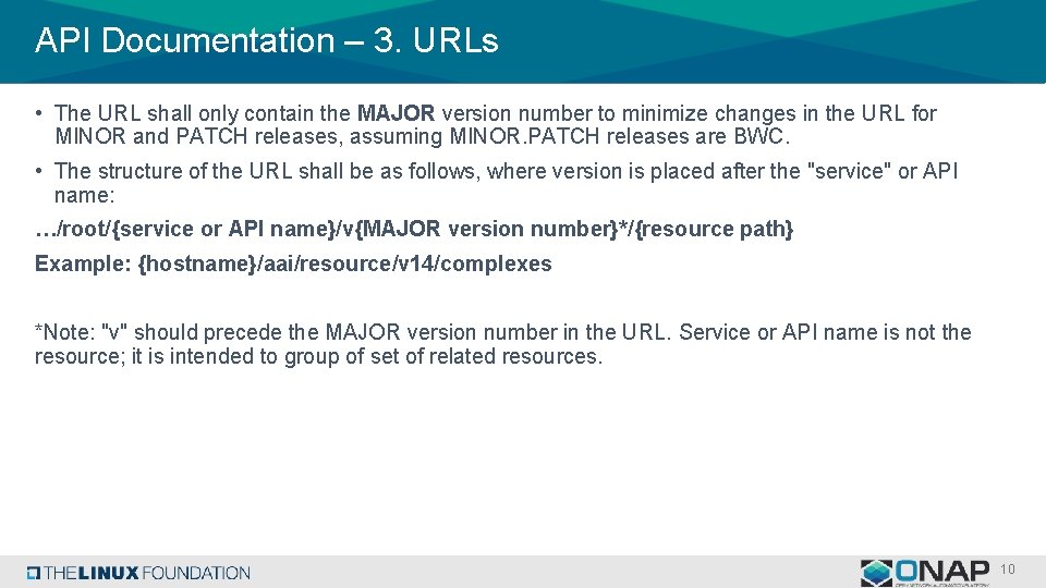 API Documentation – 3. URLs • The URL shall only contain the MAJOR version