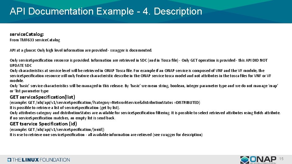 API Documentation Example - 4. Description service. Catalog: From TMF 633 service. Catalog API