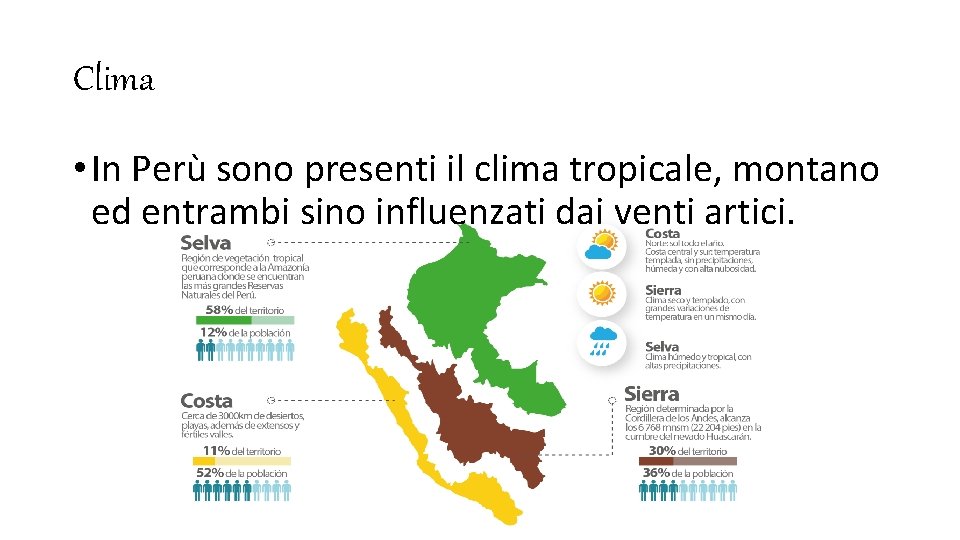 Clima • In Perù sono presenti il clima tropicale, montano ed entrambi sino influenzati