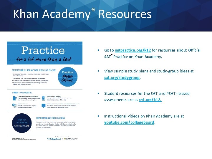 Khan ® Academy Resources § Go to satpractice. org/k 12 for resources about Official