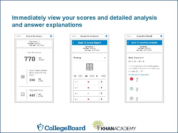 Immediately view your scores and detailed analysis and answer explanations 