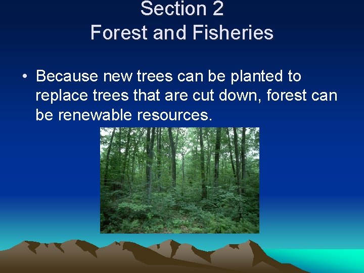 Section 2 Forest and Fisheries • Because new trees can be planted to replace