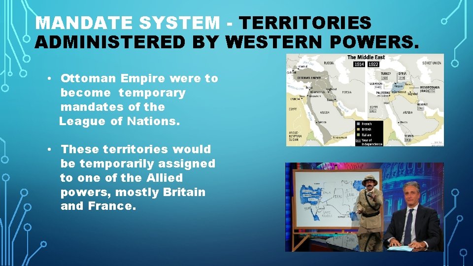 MANDATE SYSTEM - TERRITORIES ADMINISTERED BY WESTERN POWERS. • Ottoman Empire were to become MANDATE SYSTEM - TERRITORIES ADMINISTERED BY WESTERN POWERS. • Ottoman Empire were to become