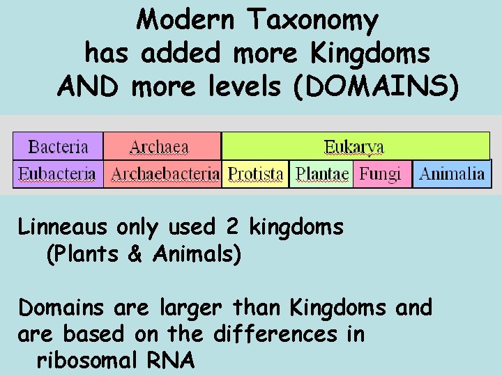 Modern Taxonomy has added more Kingdoms AND more levels (DOMAINS) Linneaus only used 2