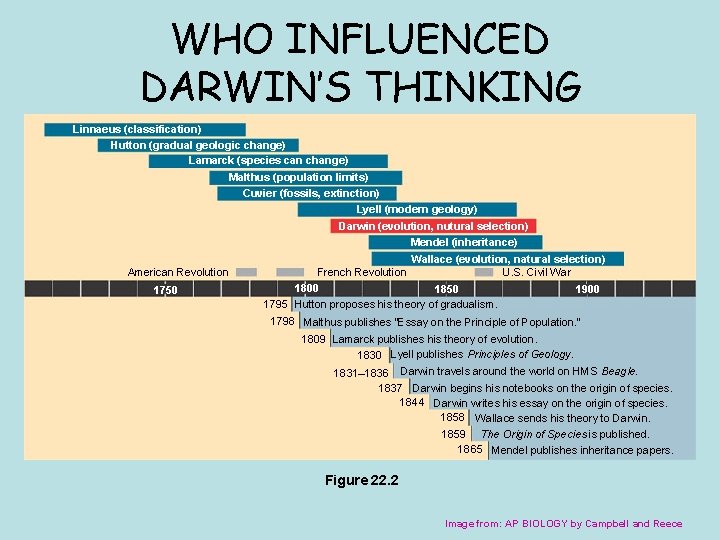 WHO INFLUENCED DARWIN’S THINKING Linnaeus (classification) Hutton (gradual geologic change) Lamarck (species can change)