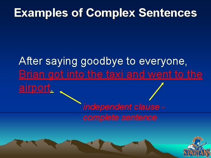 Examples of Complex Sentences After saying goodbye to everyone, Brian got into the taxi Examples of Complex Sentences After saying goodbye to everyone, Brian got into the taxi
