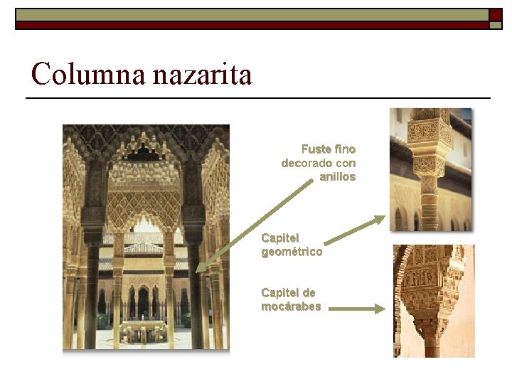 Columna nazarita Fuste fino decorado con anillos Capitel geométrico Capitel de mocárabes 