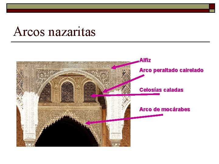 Arcos nazaritas Alfiz Arco peraltado cairelado Celosías caladas Arco de mocárabes 