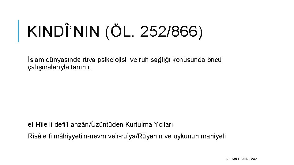 KINDÎ’NIN (ÖL. 252/866) İslam dünyasında rüya psikolojisi ve ruh sağlığı konusunda öncü çalışmalarıyla tanınır.