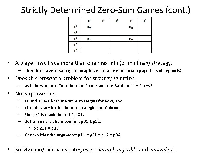 Strictly Determined Zero-Sum Games (cont. ) • A player may have more than one
