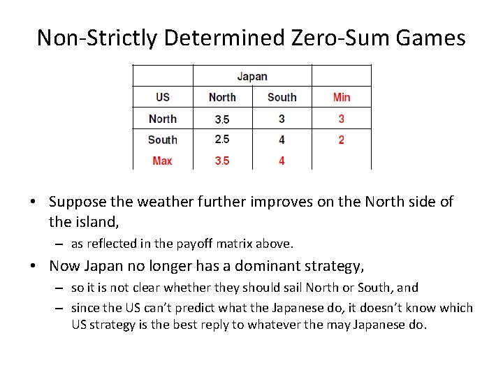 Non-Strictly Determined Zero-Sum Games • Suppose the weather further improves on the North side
