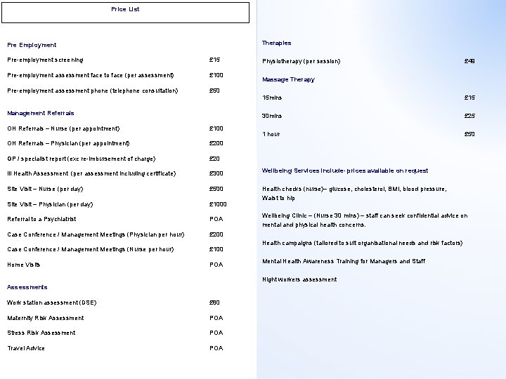 Price List Therapies Pre Employment Pre-employment screening £ 15 Pre-employment assessment face to face