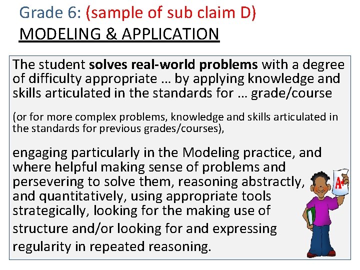 Grade 6: (sample of sub claim D) MODELING & APPLICATION The student solves real-world
