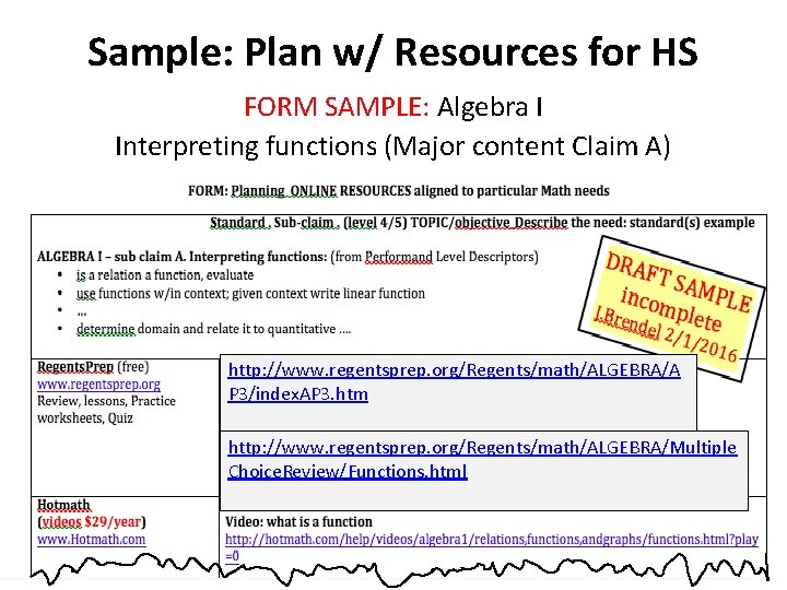 Sample: Plan w/ Resources for HS FORM SAMPLE: Algebra I Interpreting functions (Major content