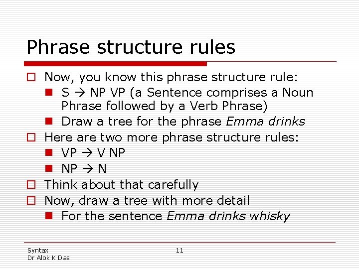 Phrase structure rules o Now, you know this phrase structure rule: n S NP