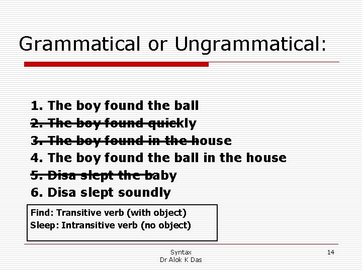 Grammatical or Ungrammatical: 1. 2. 3. 4. 5. 6. The boy found the ball