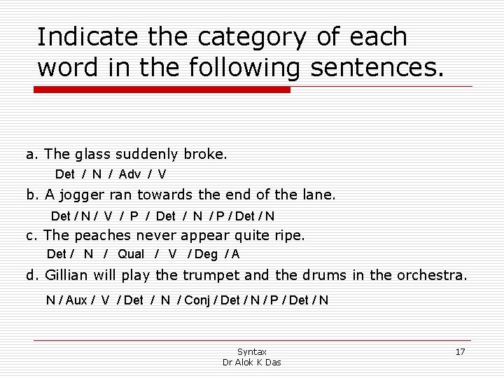 Indicate the category of each word in the following sentences. a. The glass suddenly