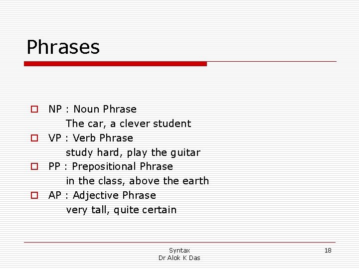 Phrases o NP : Noun Phrase The car, a clever student o VP :