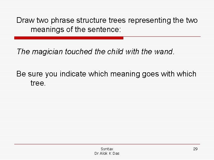 Draw two phrase structure trees representing the two meanings of the sentence: The magician