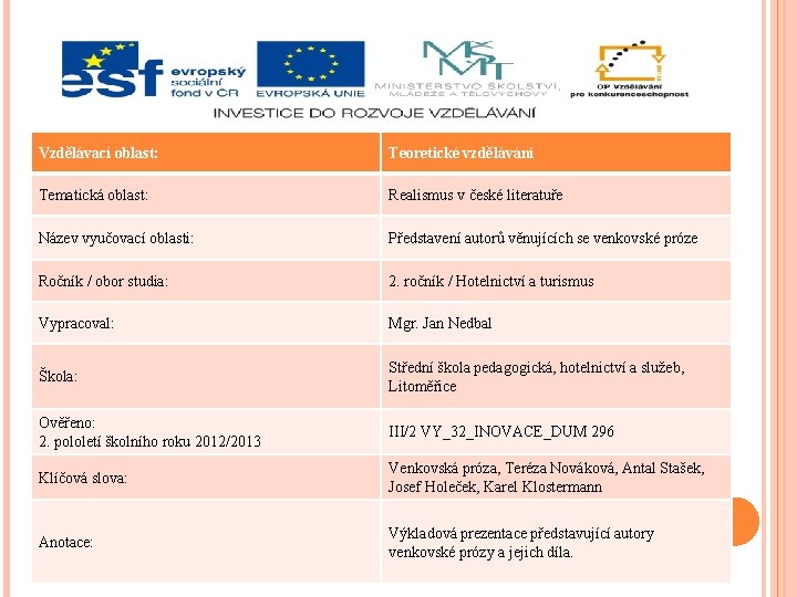 Vzdělávací oblast: Teoretické vzdělávání Tematická oblast: Realismus v české literatuře Název vyučovací oblasti: Představení