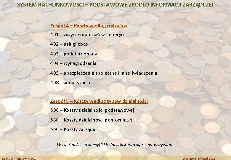 SYSTEM RACHUNKOWOŚCI – PODSTAWOWE ŹRÓDŁO INFORMACJI ZARZĄDCZEJ Zespół 4 – Koszty według rodzajów 401