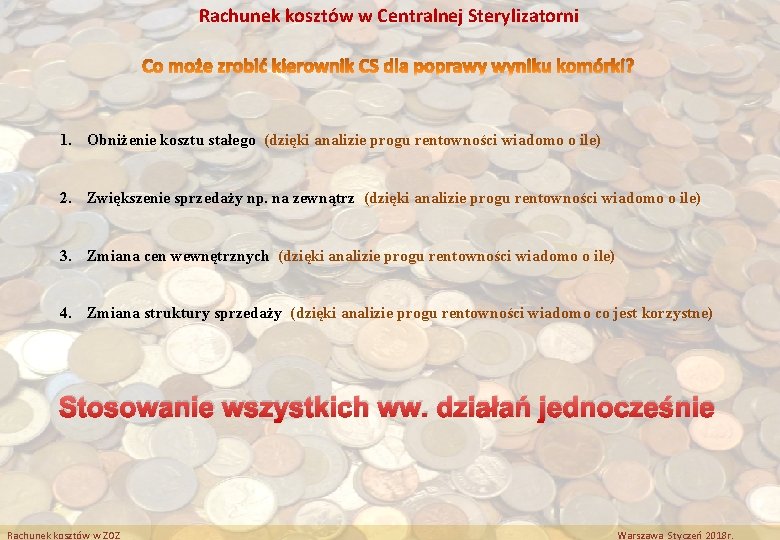 Rachunek kosztów w Centralnej Sterylizatorni 1. Obniżenie kosztu stałego (dzięki analizie progu rentowności wiadomo