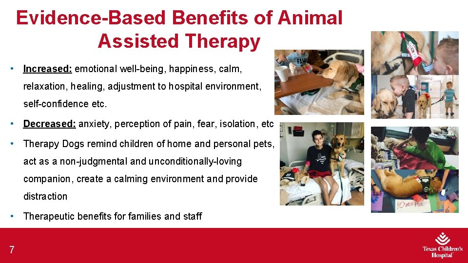 Evidence-Based Benefits of Animal Assisted Therapy • Increased: emotional well-being, happiness, calm, relaxation, healing,